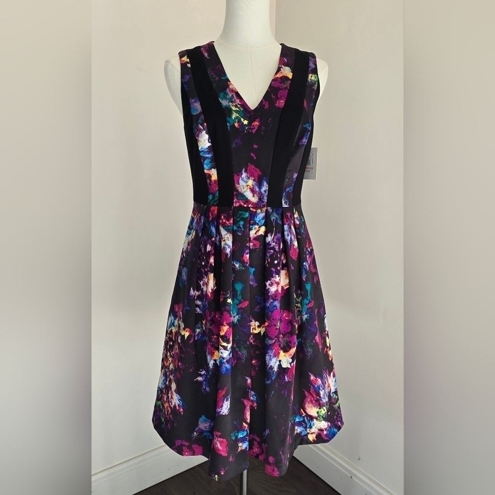 NWT Ellen Tracy Sleeveless Fit & Flare V-Neck Dress Black Multi Floral Sz. 2